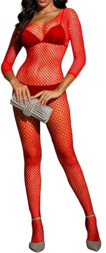 SHEKEI Lencería de red de una pieza para mujer, body de malla sexy, ropa de noche, ropa interior, Rojo -, Talla única