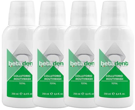 Betadent KIT 4 COLLUTORIO TOTAL Azione totale contro placca, tartaro, carie, alito cattivo, infiammazione gengivale. Ingredienti naturali, massima efficacia, alito fresco. 4x250 ml