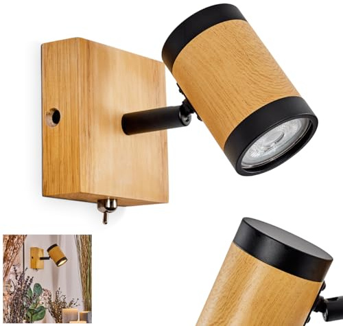 Wandleuchte Martim, verstellbare Wandlampe aus Holz/Metall in Natur/Schwarz, Leuchte im skandinavischen Design mit verstellbarem Schirm (Ø 5cm), An-/Ausschalter am Gehäuse, 1x GU10, ohne Leuchtmittel