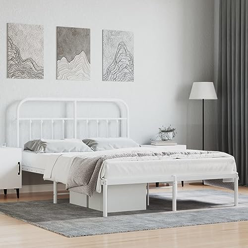 ZQQLVOO Bed Frame Lattenrost Palettenbett Bodenbett Bettgestell mit Kopfteil Metall Weiß 135x190 cm