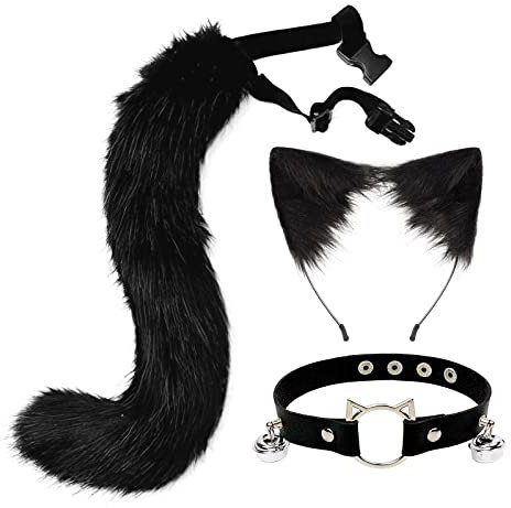 ZGPjubilant Plüsch-Katzenohr-Haarreif, Fuchsschwanz-Zubehör, Cosplay-Kostüm, Tierohr-Tierschwanz-Set, Kragen, Haarspange (weißes Kamel) (schwarz)