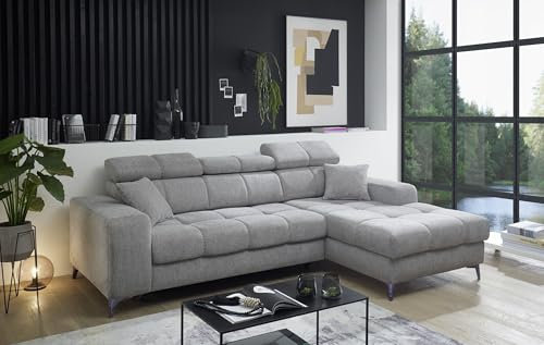 möbelando Ecksofa >Sydney< Elektrische Sitztiefenverstellung, 3 verstellbare Kopfstützen, Bettkasten, Bezugsstoff Taupe - 268x105x172 (BxHxT)