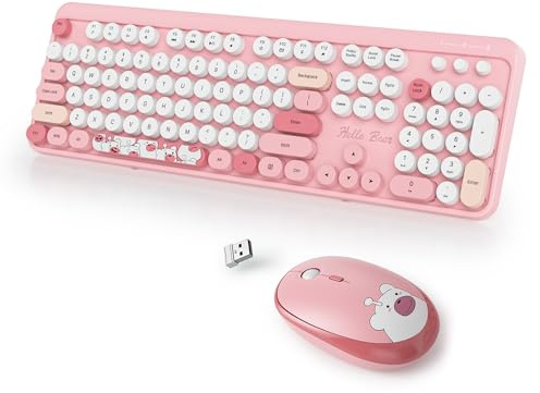 SbocKeeb Clavier Souris sans Fil, Clavier Touche Ronde Retro Machine à écrire, Cute Clavier Ordinateur 2.4G, Américain QWERTY, Claviers Ergonomique sans Fil à 104 Touches