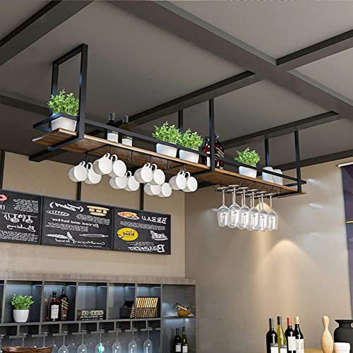 JXIPANUL Portabicchieri da Vino a soffitto - Portabottiglie sospeso, Portabicchieri da Vino in Legno massello in Ferro battuto, Portaoggetti sospeso a soffitto, Espositore da Parete Vintage