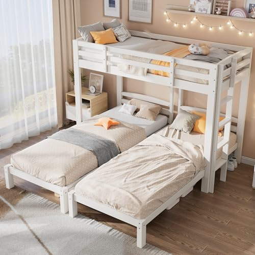Merax Bunk Beds for Kids, 3FT Triple Sleeper Bed with Side Solid Ladder, Simple Bedside Storage, Convenient Loft Bed for Children and Teens, White, 90x190cm x 2, 90x200cm x 1, Mattress Not Included
