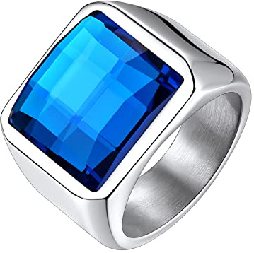 Bestyle Anillos para Hombre Plata Grande Anillo Sello Cuadrado Anillo de Sello Plata Anillos Piedras Azul Anillo Acero Inoxidable Tamaño 19.75