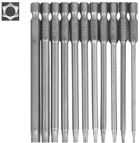 11 Pezzi Cacciaviti Torx Inserti Avvitatore - Punta Magnetici Bit S2 a manico lungo da 100 mm Gambo Esagonale da 1/4 con per gambo cacciavite strumenti elettrici tipo T6-T40 trapani e Riparazioni