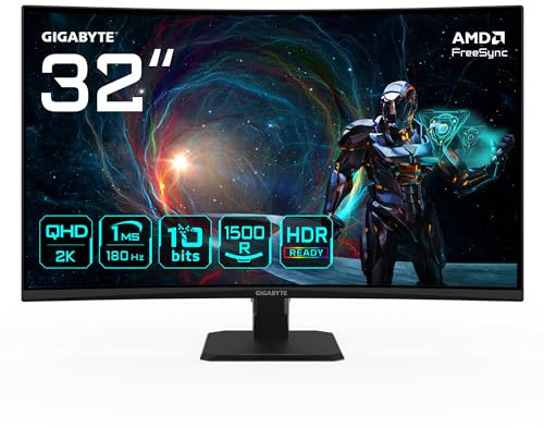 GIGABYTE GS32QCA 31,5 Moniteur Gaming Incurvé QHD - 2560 x 1440, 180Hz, 1ms, 250 CD/m², FreeSync, HDR Ready, HDMI 2.0, DisplayPort 1.4