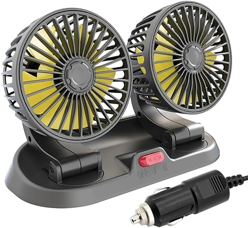 KUWUNG 12V Car Fan Double Head, 360° Rotatable Vehicle Fans with 2 Speeds, Portable Car Fans That Blow Cold Air, Auto Cooling Fan Plugs into Cigarette Lighter, for Cars Trucks SUVs