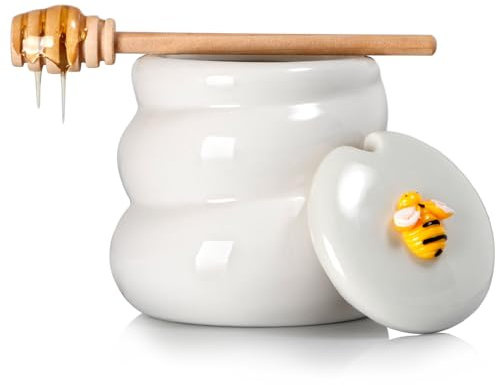 NUTRIUPS 15OZ Ceramic Honey Jar, Graceful Spin Ceramic Honey Pot with Golden Bee Lid, White Bee-Themed Storage Pot with Round Handle, Pantry & Kitchen Decor