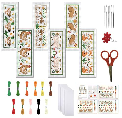 FREEBLOSS 6 Set Kreuzstich Lesezeichen Sets Bauernhoftiere DIY Lesezeichen als Geschenk Für Erwachsene Gestempeltes Kreuzstich Set DIY Stick Lesezeichen Für Anfänger Mit Anleitung 6x20cm