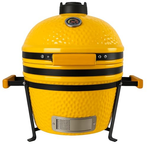 Kamado, barbecue giapponese in ceramica, diametro 40 cm, con carbone di legno, termometro incorporato, manico in legno, colore giallo premium, ideale per giardino, terrazza, campeggio