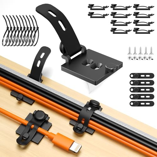 Viaky Self Adhesive Cable Tidy Clips 10 Pack, 2 Stage Adjustable Silicone Cable Management Organiser for Charger Wire, USB, PC, HDMI - Under Desk, Wall, Office, Car, Home, Outdoor, Black