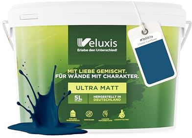 Veluxis Wandfarbe Blau Petrol Anthrazit matt 5 L – Classic Cornflower | Innenfarbe mit Deckkraft Klasse 1, VOC-frei, ohne Grundierung, tropfarm, für Wohnzimmer und Schlafzimmer