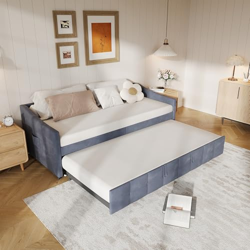 Holtrae Schlafsofa 90/180 x 200 cm, Gepolstertes Schlafsofa mit Gästebett, Ausziehbett Gleiche Höhe,Tagesbett Ausziehbar, Moderner Zweisitzer, für Wohnzimmer Schlafzimmer (grau)