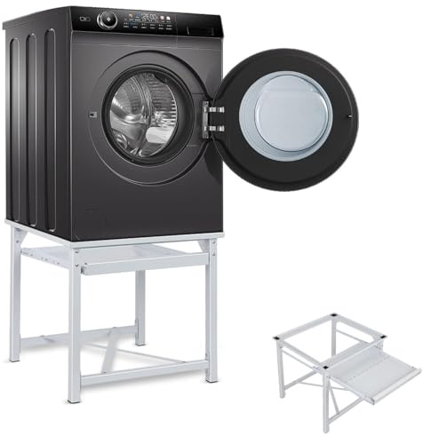Stabiler Metall Waschmaschinen Untergestell für Trockner Sockel inkl. Ausziehablagen, bis 150kg, Unterbau Sockel Rutschfest Podest Erhöhung, 60 x 56 x 52 cm (LXBXH), Weiß