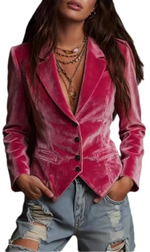 RISCUYY Velvet Blazer Women Pink Long Sleeve Lapel Neck Button Down Velvet Blazers Jakcets for Women Dressy 2025