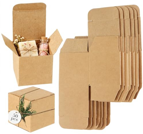 50 Stück Geschenkbox mit Deckel, Gift Box Geschenkkarton | Kraftpapier Tüten Braune für Hochzeit Gastgeschenk, Geburtstag, Party, 4 x 4 x 4 cm