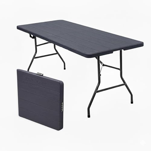 MF artSHOP Tavolo Pieghevole Rettangolare 180x74x74 cm, HDPE Richiudibile a Valigetta, per Cucina Giardino Fiera Mercato Pic Nic Campeggio, Salvaspazio in Dura Resina Bianco/Nero (Nero)