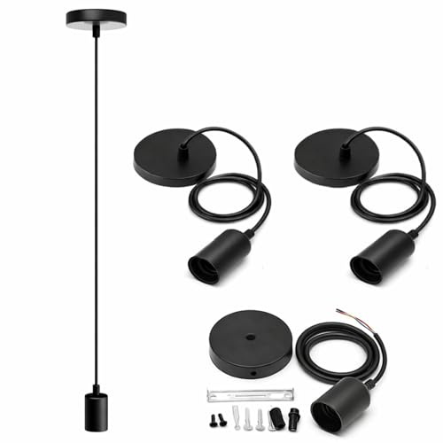 4PCS Ceiling Pendant Light Fitting, E27 Screw Lamp Holder with 100CM Adjustable Cable, Black Industrial Lamp Holder & Flex Ceiling Rose Kit, DIY Hanging Light Socket for Kitchen, Bedroom, Cafe