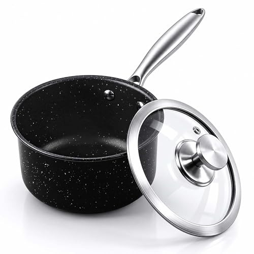 Tieplis 16cm Saucepan, Stainless Steel Milk Cooking Pan with Glass Lid, Durable Sauce Pan for Healthy Cooking, Suitable for Induction, Gas & Electric Hobs, Nonstick Black Coating & Easy Clean