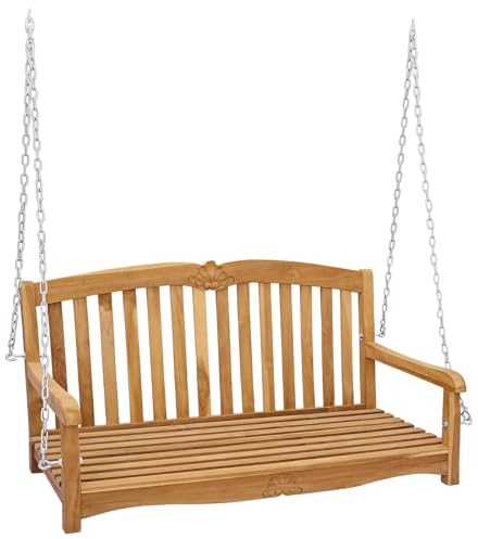 Fengshui Teakholz Schaukelbank 114 x 60 x 60,5 cm Natur | Massivholz Teak, Latten-Rücken Design, verzinkte Kette 2,07 m, wasserbasiertes Finish