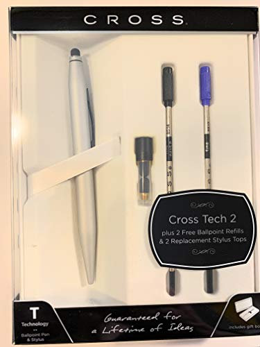 Cross Tech2 Kugelschreiber und Eingabestift mit 2 Minen und 2 Ersatz Stylus Tops chrom seidenglänzend