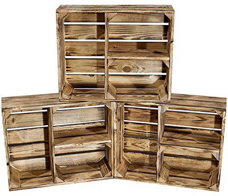 Obstkisten Online 3 Stück geflammte/braune Kiste mit 3 Fächern 50cm x 40cm x 16cm Obstkiste Regal Holzregal Apfelkiste Weinkiste