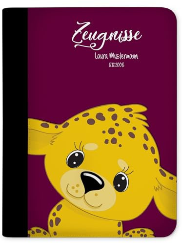CreaDesign Zeugnismappe A4 mit Namen personalisiert für Kinder – Leopard Brombeere – Dokumentenmappe Schule ohne Klarsichthüllen