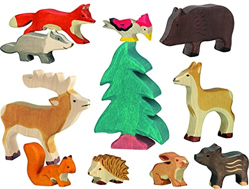HOLZTIGER Set Waldtiere - 11 Spielfiguren aus Holz, Hirsch, REH, Fuchs, Hase, Igel, Dachs, Wildschweine, Eichhörnchen, Specht, Nadelbaum - handbemalte Spielzeugtiere für Kinder, Made in Europe
