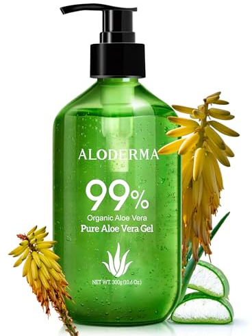 Aloderma 99% Organic Aloe Vera Gel Made within 12 Hours of Harvest - Lightweight, Non-Sticky Aloe Gel for Face Body, Hair, & Scalp, After Sun Relief, Natural, Soothing Hydrating Aloe, 10.6oz