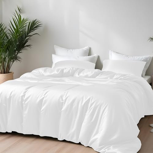 LINENWALAS White Double Duvet Cover 3Pc Set Organic Bamboo Bedding Set Anti Allergy Comforter Cover Set 200x200 Soft, Cooling, Luxury Bamboo Bedding Double Size Quilt Cover (White)