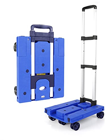 Hand Trucks Hua Folding Hand Truck, Car Luggage Transport Trolleys, 60kg Capacity Heavy Duty 4-Wheel 360° Rotating Cart, Easy to Store (Color : Blue)