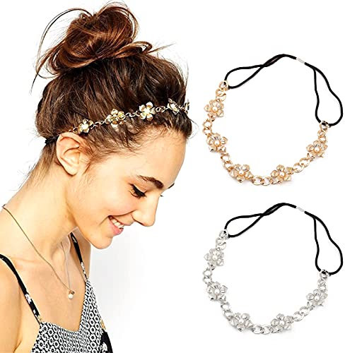 Zasjon elastisches haarband perlen, 2 stück blumen haarschmuck haarreif perlen strass stirnbänder damen haarreifen vintage metall haarband elegant kopfkette haarschmuck für frauen damen