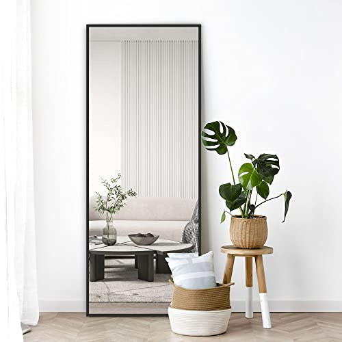NeuType Full Length Mirror - 64x21, Aluminum Alloy Thin Frame, Black, Wall-Mounted or Leaning, Bedroom/Floor Full Body Mirror with Stand