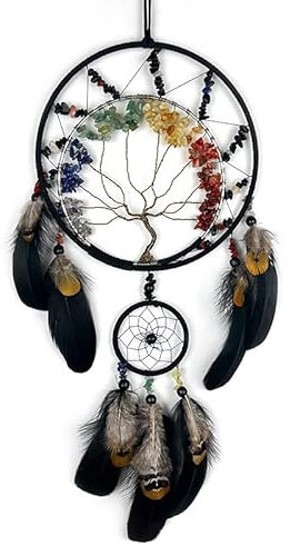 7 chakras Árbol de la vida negro atrapasueños decoración de pared con arco iris piedra cristal hecho a mano arte pluma atrapasueños colgante de pared adorno para dormitorio decoración bendición regalo