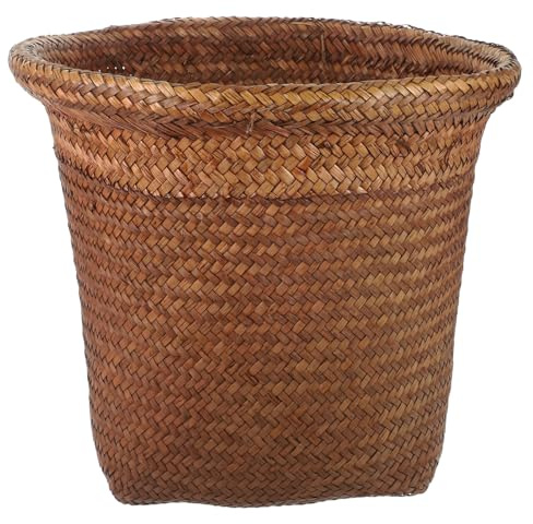 Operitacx Corbeille à papier ronde en bambou avec paille tressée pour chambre à coucher, salle de bain, bureau ou maison, 30 x 30 cm, en métal marron foncé