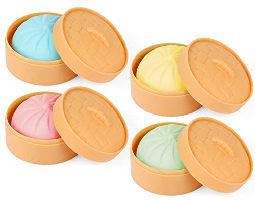 MEIEST Bunte Knödel, Stressbälle, sensorisches Spielzeug, Knödel, Stressabbau, Handspielzeug, Anti-Angst-Dutt mit Lebensmittel-Dampfgarer, dehnbares Schreibtisch-Spielzeug, 4 Stück