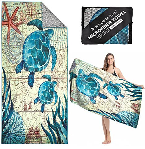 Bafiwu Microfibre Beach Towel, 71x32 Oversized Extra Large Beach Towel for Adult, Quick Dry Sand Free Travel Pool Towel for Camping Swimming Sports Gym (turtle)