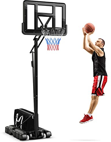 GOPLUS Panier de Basket-Ball Mobile, Hauteur Réglable 2,36 à 3,05m, Sac de Poids & Base Remplissable, 2 Roues, Panier de Basket Extérieur pour Adolescents, Adultes