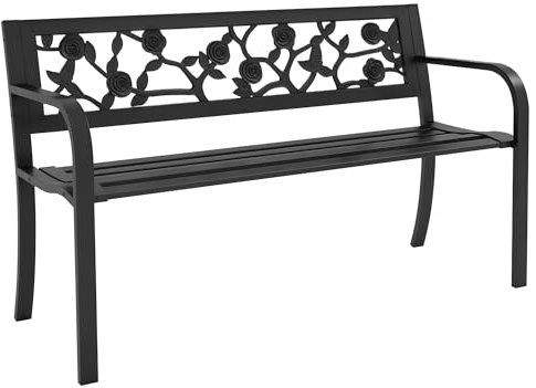 Outsunny Panchina da Esterno in Acciaio, Panca da Giardino 2 Posti con Schienale Decorato e Braccioli, 127x50x75cm, Nero