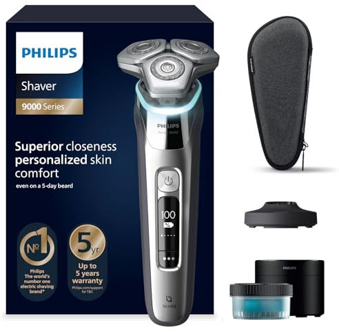 Philips Shaver S9000, elektrischer Nass- und Trockenrasierer, Lift & Cut-Rasiersystem und SkinIQ Technologie, ausklappbarem Trimmer, Reinigungsstation, Ladestation, Reiseetui, Chromsilber, S9975/54