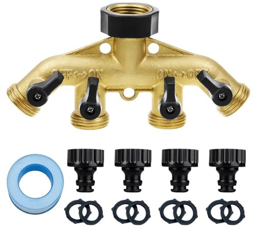 SUNOYA Distributore a 4 Vie con 4 Connettori e 8 Rondelle Di Gomma, Tubo Divisore Da Rubinetto Adattatori, Distributore Rubinetto a 4 vie in Ottone per Rubinetto Filo da Giardino, Irrigazione