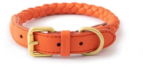 feiling Hundehalsband Leder Einstellbare Hunde Halskette für Kleine Mittelgroße und Große Hunde Geflochten Lederhalsband (orange, L)