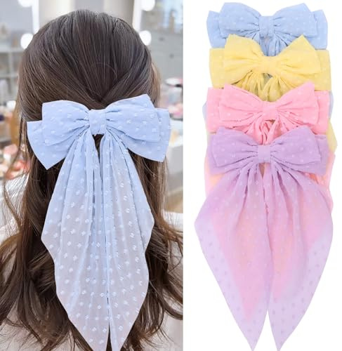 MRJ 4Pcs Chiffon Hair Bows for Women Big French Bows Hair Clips for Girls Hair Accessories Barrettes Metal Clips Bowknot Aesthetic