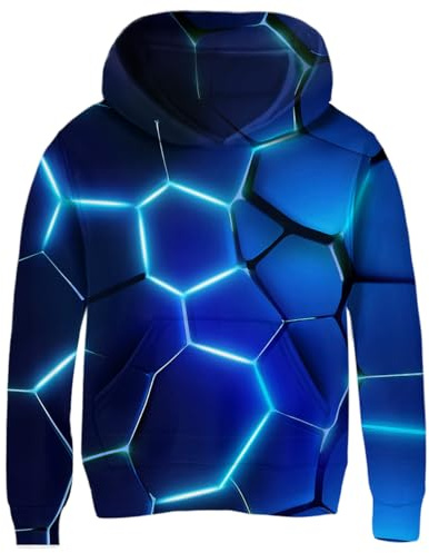 Fanient Pullover Pojkar Flickor 3D-Tryck Fleece Hoodie Barnhuvtröja med Kängurufickor, Lava Blå, 11-13 år