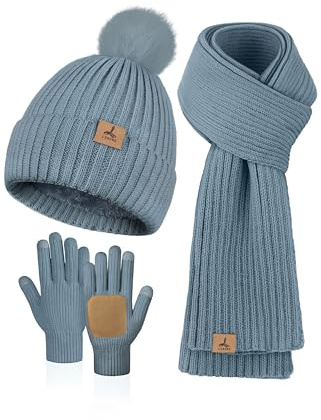 LOROME Damen Winter Beanie Mütze Schal Handschuhe Set Fleece Strick Pompon Mütze Warm Halstuch Touchscreen Handschuhe Winter Geschenk