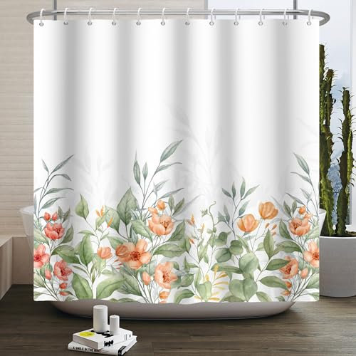 Duschvorhang Orange Grüne Blätter Duschvorhang Stoff Polyester Badevorhang Duschvorhang Wasserdicht Antischimmel Shower Curtains mit 12 Duschvorhangringen Duschvorhang Badewanne 200x220cm