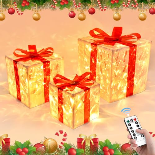JONRRYIN Weihnachtsbeleuchtung Beleuchtete Geschenkboxen, 3er LED Geschenke Weihnachten mit Timer, 8 Modi Weihnachts Dekoboxen, Geschenkboxen für Innen Außen Wohnzimmer Balkon Garten Weihnachten(3SET)