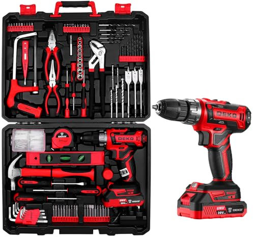 Cordless Drill Tool Kit Set: DEKO 20V Power Drill Tool Box with Battery Electric Drill Driver for Men Home Hand Repair Basic Toolbox Tools Sets Drills Case,186 Pieces(Red)